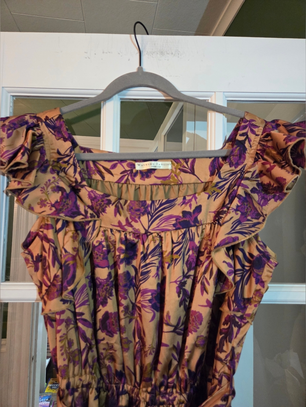 Floral Ruffle Dress with Tie Waist in Purple and Bronze - Size 16W - Picture 5 of 7